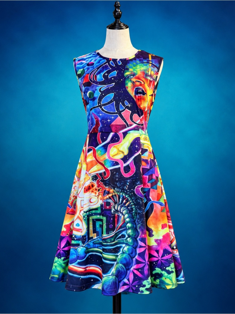 From NY Psychedelic Art Print Fit & Flare Dress Medium Streetwear